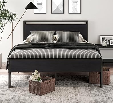 14 Inch Queen Size Metal Platform Bed Frame with Woden Headboard and Footboard, Mattress Foundation
