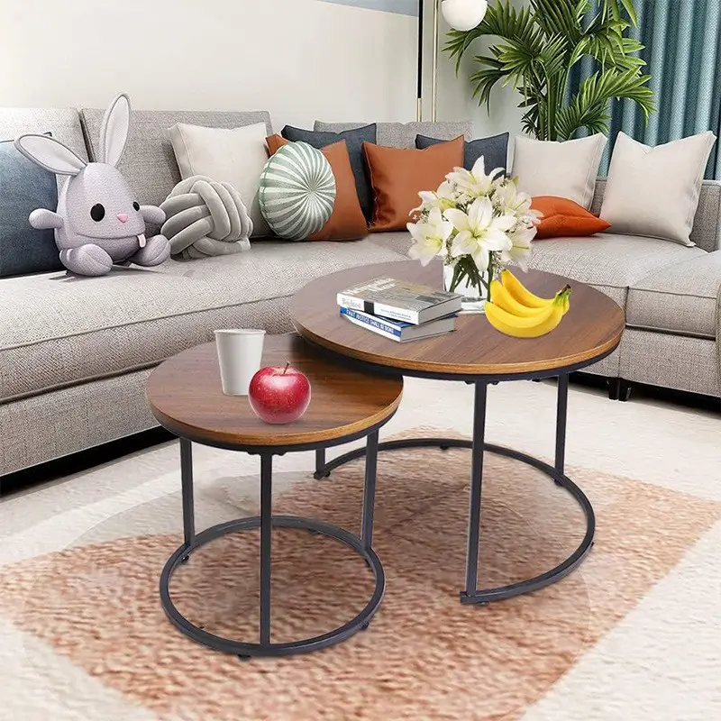 Modern Design Convertible Nesting Coffee Table Set Bent Black Metal MDF Wood Durable Living Room Furniture for Home